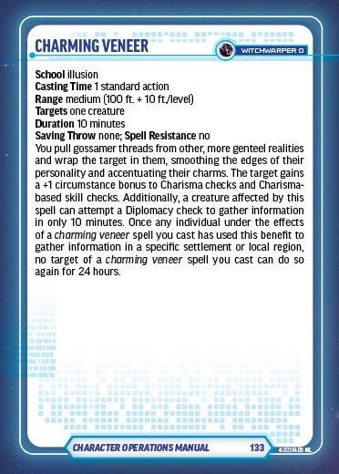 Starfinder Spell Cards (Download). An example card for the spell charming veneer.
