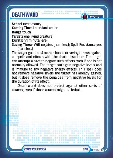 Starfinder Spell Cards (Download). An example card for the spell death ward.