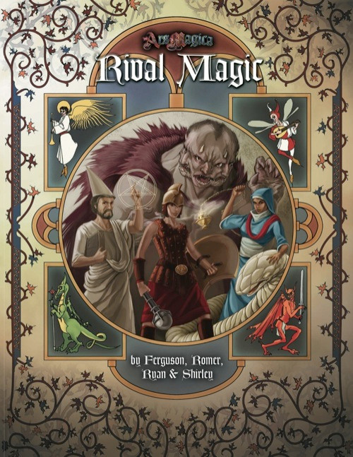 Rival Magic PDF board game cover featuring fantasy characters and creatures with ornate designs, large central circle with monster and characters, and decorative elements.
