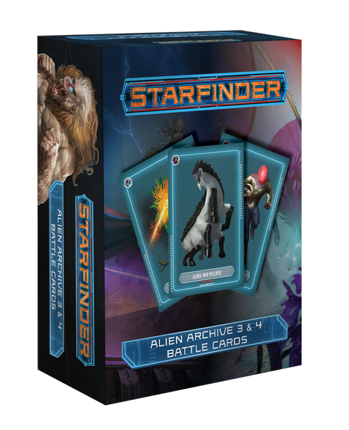 Starfinder Alien Archive 3 & 4 Battle Cards (Download). A mockup box with three cards on the front, each showing a different alien.