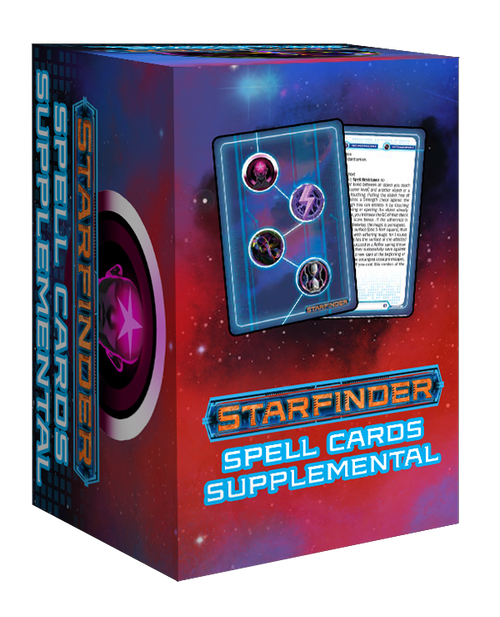 Starfinder Spell Cards Supplemental (Download). A mockup box displaying the front and back of a sample card on a galaxy background.