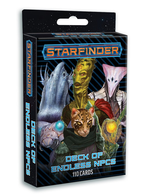 Starfinder Deck of Endless NPCs (Download). Text reads 110 cards. The box features six different alien creatures, some resembling animals and others much stranger.