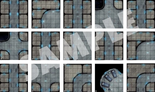 Starfinder Flip-Tiles: Space Station Starter Set. A sample array of the various tiles depicting space station corridors lit by blue lights.