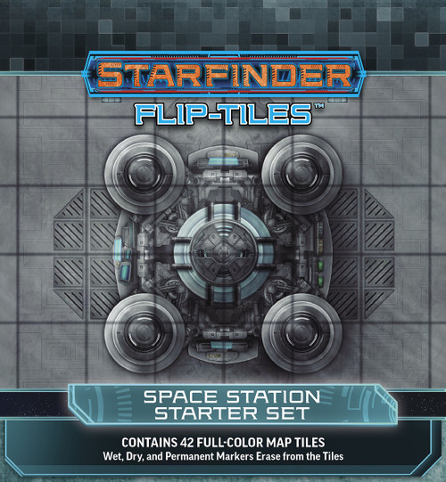 Starfinder Flip-Tiles: Space Station Starter Set PDF. Tiled illustration of a large mechanical contraption with circular attachments. Text reads: Contains 24 full-color map tiles.