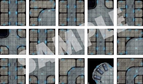 Starfinder Flip-Tiles: Space Station Starter Set PDF. A sample array of the various tiles depicting space station corridors lit by blue lights.