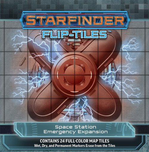 Starfinder Flip-Tiles: Space Station Emergency Expansion. Tiled illustration of a large machine sparking with electricity, as if it’s about to explode. Text reads: Contains 24 full-color map tiles.