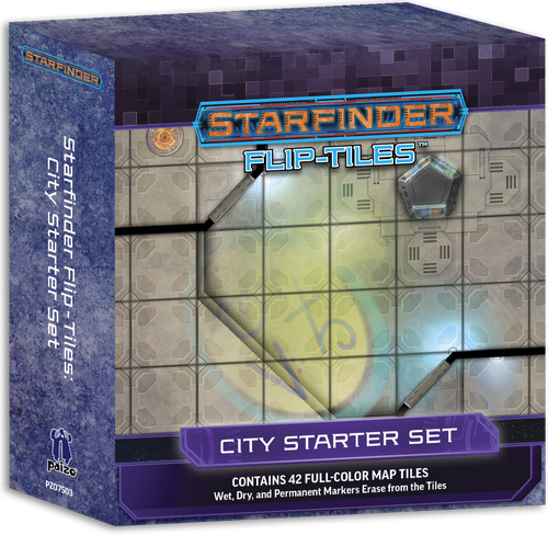 Starfinder Flip-Tiles: City Starter Set PDF. Tiled illustration of a futuristic city street. Text reads: Contains 24 full-color map tiles.