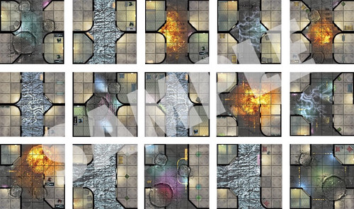 Starfinder Flip-Tiles: City Hazards Expansion PDF. A sample array of the various tiles depicting streets that are flooded, on fire, or containing other hazards.