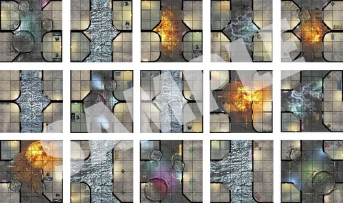 Starfinder Flip-Tiles: City Hazards Expansion PDF. A sample array of the various tiles depicting streets that are flooded, on fire, or containing other hazards.