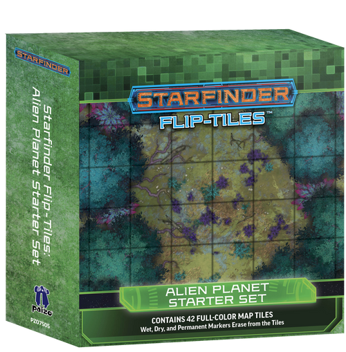 Starfinder Flip-Tiles: Alien Planet Starter Set. Tiled illustration features alien foliage and terrain. Text reads: Contains 24 full-color map tiles.
