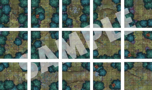 Starfinder Flip-Tiles: Alien Planet Starter Set PDF. A sample array of the various tiles depicting alien trees, paths, and other foliage.