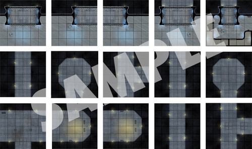 Starfinder Flip-Tiles: Space Station Docking Bay Expansion PDF. A sample array of the various tiles depicting a space station interior.