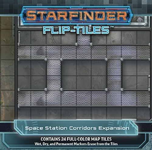 Starfinder Flip-Tiles: Space Station Corridors Expansion PDF. The cover shows a series of corridors made of metal grating. Text reads: Contains 24 full-color map tiles.