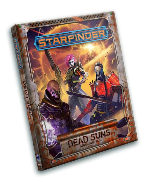 Starfinder Adventure Path: Dead Suns Hardcover. Three different aliens, one with a skull for a head, stand in font of a star emitting bursts of energy.