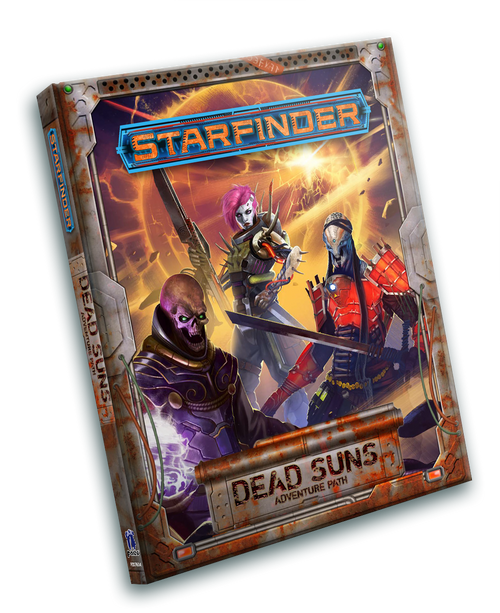 Starfinder Adventure Path: Dead Suns Hardcover PDF. Three different aliens, one with a skull for a head, stand in font of a star emitting bursts of energy.