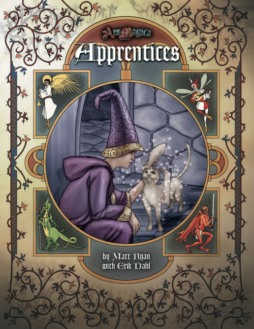 Apprentices PDF book cover featuring a wizard in purple, surrounded by colorful creatures and ornate designs, with title and authors' names Matt Ryan and Erik Dahl in a digital PDF format.