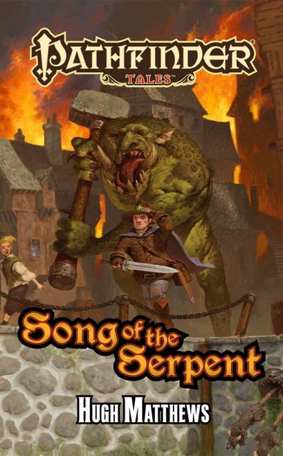 Song of the Serpent ePub/PDF. By Hugh Matthews. The illustration depicts a troll with a huge stone war hammer and a human warrior with a sword, standing in front of a burning settlement.