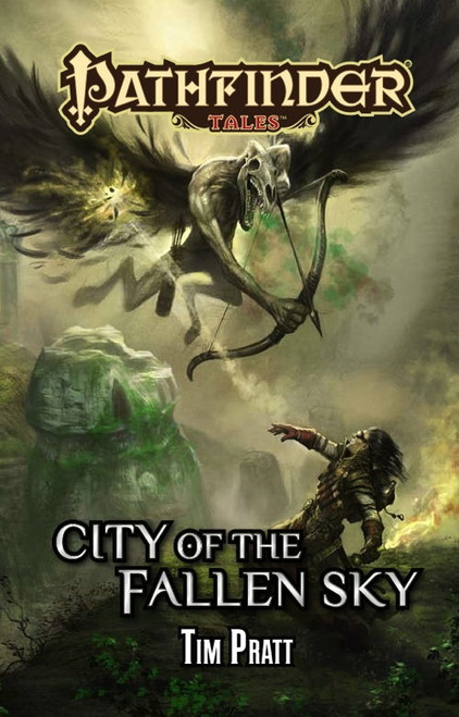 City of the Fallen Sky ePub/PDF. By Tim Pratt. The illustration depicts a mage fighting a flying humanoid creature with a wielding a bow in a misty landscape.