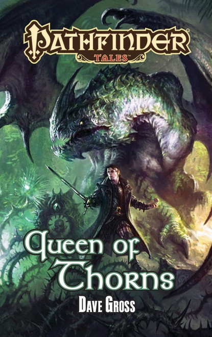 Queen of Thorns ePub/PDF. By Dave Gross. The illustration depicts a person in a leather coat brandishing a sword. Behind them is a ferocious green dragon.