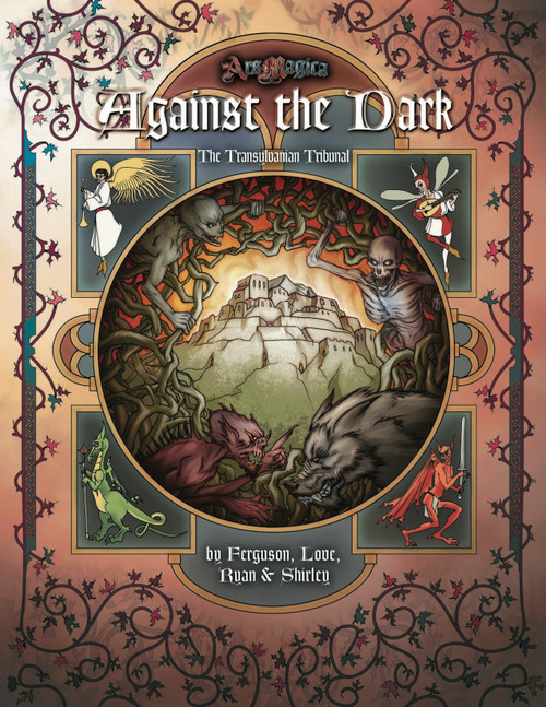 Ars Magica Against the Dark PDF cover, featuring medieval fantasy artwork of creatures and a castle. Part of the Ars Magica fantasy RPG, published by an unnamed, presumably, team including authors Ferguson, Love, Ryan & Shirley.