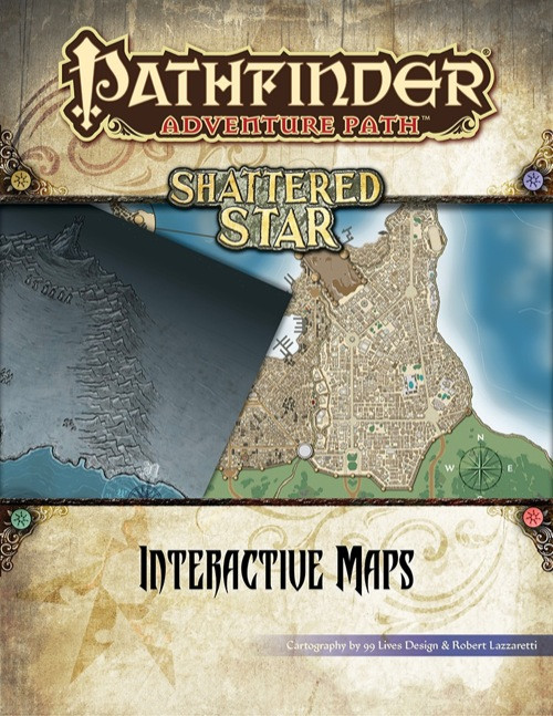 Pathfinder Adventure Path: Shattered Star Interactive Maps PDF shows two sample maps overlapping each other, one of a coastal city and one of a dark gray barren wasteland surrounded by mountains.