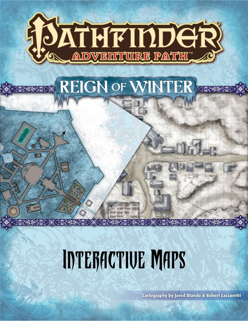 Pathfinder Adventure Path: Reign of Winter Interactive Maps PDF shows two overlapping maps, one of a fortress built into blue stone, and another of a snowy village.