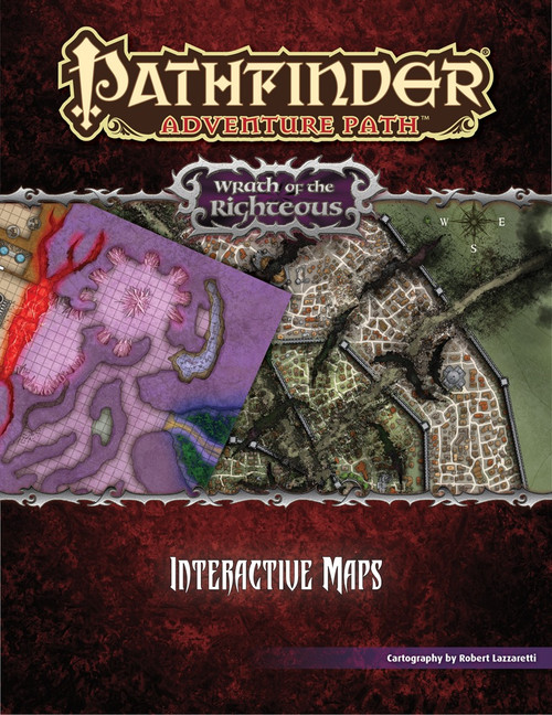 Pathfinder Adventure Path: Wrath of the Righteous Interactive Maps PDF shows two overlapping maps; one of a sinister cavern with a river of blood, and one of a war-torn city.