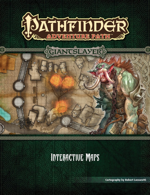 Pathfinder Adventure Path: Giantslayer Interactive Maps PDF shows a map of a village, with a green-skinned tusked giant standing in front of the map.