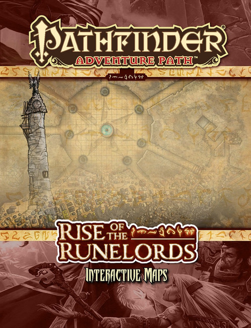 Pathfinder Adventure Path: Rise of the Runelords Anniversary Edition Interactive Maps PDF shows a map of an underground dungeon, with a ghostly image of a tower superimposed over the side.