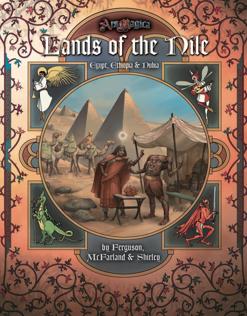 Ars Magica Lands of the Nile PDF cover, ancient Egyptian scene with pyramids, people, and creatures, in ornate borders and illustrations by Ferguson, McFarland & Shirley, featuring medieval fantasy artwork with Egyptian cultural elements, high fantasy adventure.
