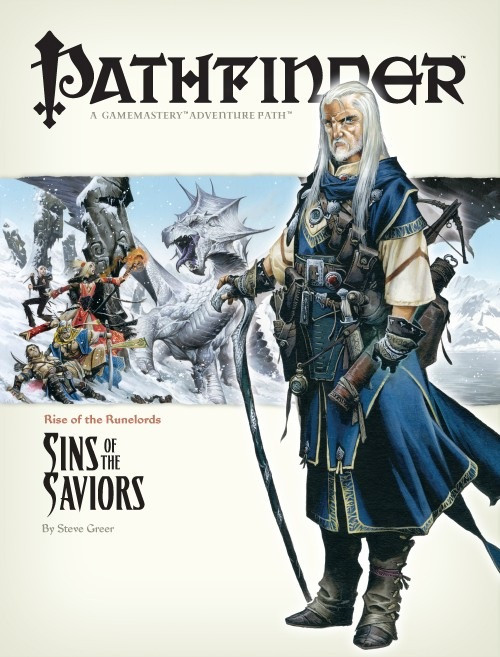 Pathfinder Adventure Path #5: Sins of the Saviors (Rise of the Runelords 5 of 6) PDF cover shows a male human wizard wearing blue clothes and carrying a silver-headed cane; behind him is a scene of a terrifying white dragon attacking a group of heroes in a snowy field amid several large stone heads.
