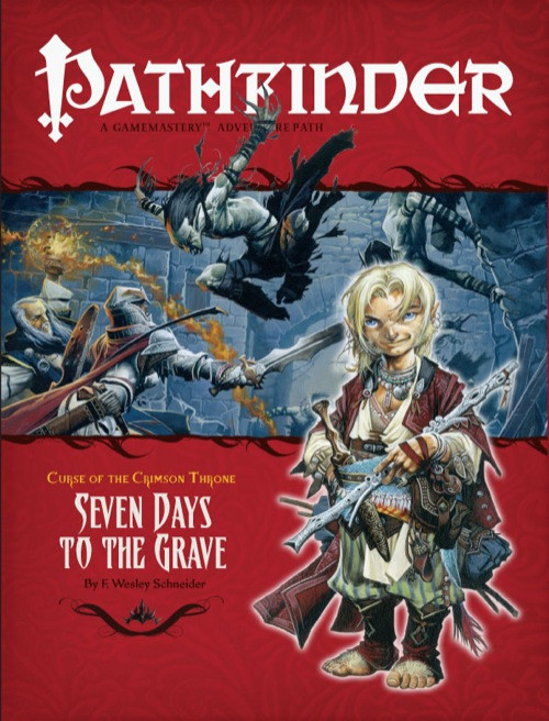 Pathfinder Adventure Path #8: Seven Days to the Grave (Curse of the Crimson Throne 2 of 6) PDF by F. Wesley Schneider; cover shows a male halfling bard dressed in nice clothing and carrying a fancy silver flute; behind him is a scene of several vampires leaping forward to attack a pair of heroes in a night-darkened city alleyway.