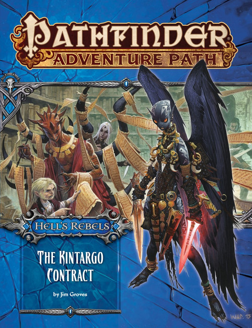 Pathfinder Adventure Path #101: The Kintargo Contract (Hell's Rebels 5 of 6) by Jim Groves PDF; cover shows a winged figure with dark gray skin wielding a pair of magic daggers; behind them is a scene of a horn-covered devil draped in long parchment contracts bargaining with a group of wary adventurers in a creepy-looking library.