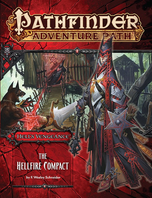 Pathfinder Adventure Path #103: The Hellfire Compact (Hell's Vengeance 1 of 6) PDF cover shows a male human devil cultist with a star-shaped buckler; behind him is a scene of devil worshipers using red spiky magic to attack a dog-headed humanoid.