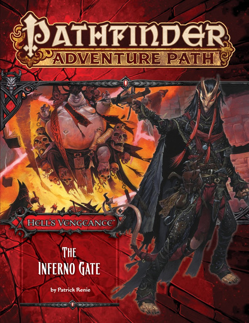 Pathfinder Adventure Path #105: The Inferno Gate (Hell's Vengeance 3 of 6) PDF cover shows a male horned assassin wearing red and black; behind him is a scene of an enormous, overweight devil floating in the air in front of a fiery magical portal.
