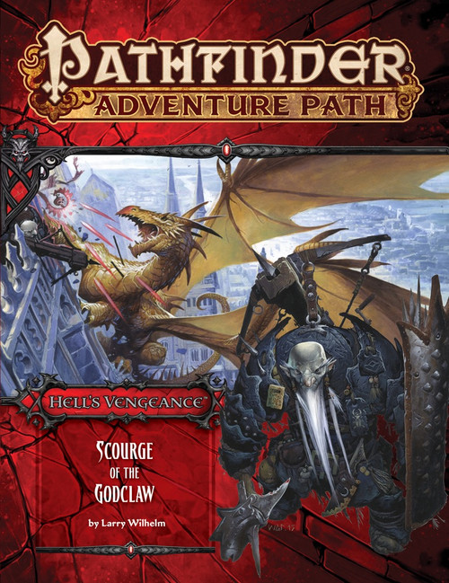 Pathfinder Adventure Path #107: Scourge of the Godclaw (Hell's Vengeance 5 of 6) PDF cover shows a hunched-over male dwarf fighter dressed in black armor and armed with a shield and axe; behind him is a scene of a golden dragon attacking an intimidating, spiky castle while someone fires bolts of red magic at the dragon.