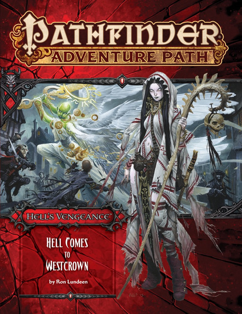 Pathfinder Adventure Path #108: Hell Comes to Westcrown (Hell's Vengeance 6 of 6) PDF cover shows a spooky female human necromancer with a bony staff; behind her is a scene of a green-skinned angel attacking evil adventurers on the streets of a fantasy city after dark.