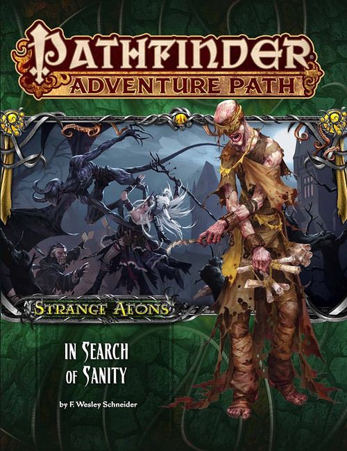 Pathfinder Adventure Path #109: In Search of Sanity (Strange Aeons 1 of 6) PDF cover shows a frightening lanky humanoid dressed in tattered yellow rags; behind him is a scene of a flying black faceless horned monster swooping down to attack heroes in front of a gothic structure on a dark, gloomy day.