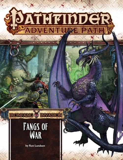 Pathfinder Adventure Path #116: Fangs of War (Ironfang Invasion 2 of 6) PDF cover shows a black dragon with dark purple wings rearing up on its hind legs; behind the dragon is a scene of a swashbuckler exploring a strange and spooky forest.