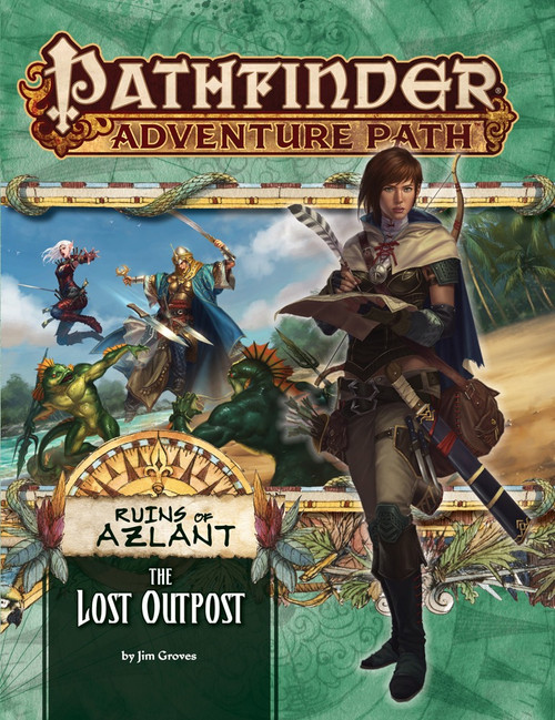 Pathfinder Adventure Path #121: The Lost Outpost (Ruins of Azlant 1 of 6) PDF cover shows a female human explorer taking notes in a book; behind her is a scene of adventurers attacking some green-skinned fish-men on a tropical beach.