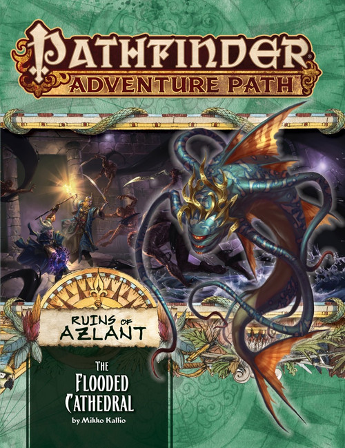 Pathfinder Adventure Path #123: The Flooded Cathedral (Ruins of Azlant 3 of 6) cover shows a weird slender fish monster with several long tentacles and wearing a strange gold crown; behind the monster is a scene of adventurers fighting against several faceless humanoid monsters in an underground chamber.