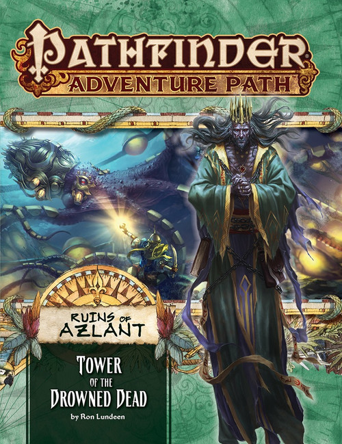 Pathfinder Adventure Path #125: Tower of the Drowned Dead (Ruins of Azlant 5 of 6) cover shows a tall humanoid creature with wild hair and wearing gold and blue robes; behind the humanoid is a scene of adventurers fighting against an octopus-like sea monster underwater.