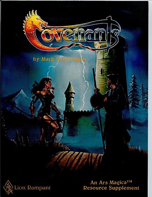 Lion Rampant's Ars Magica Covenants PDF cover, featuring a fantasy scene with a man and woman standing before a castle, surrounded by dark blue skies and lightning, in a large landscape format.