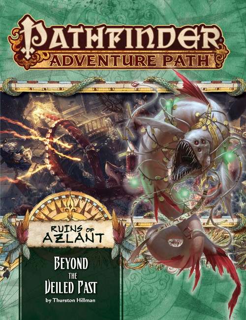 Pathfinder Adventure Path #126: Beyond the Veiled Past (Ruins of Azlant 6 of 6) PDF cover shows a coiled fish monster with a toothy mouth, an eel-like body, and tentacles; behind the monster is a scene of adventurers fighting several red tentacles coiling up out of a pit in an underwater chamber.