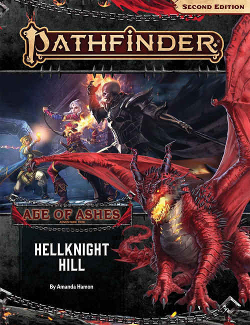 Pathfinder Adventure Path #145: Hellknight Hill (Age of Ashes 1 of 6) by Amanda Hamon. A menacing red dragon is in the foreground while iconic characters do battle in the background.