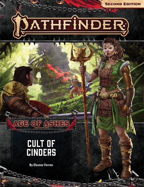 Pathfinder Adventure Path #146: Cult of Cinders (Age of Ashes 2 of 6) by Eleanor Ferron. A brown-skinned elven woman with braids and a staff is in the foreground, while iconic characters do battle in a jungle in the background.