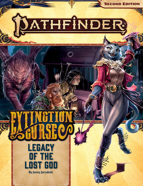 Pathfinder Adventure Path #152: Legacy of the Lost God (Extinction Curse 2 of 6) by Jenny Jarzabski. A catfolk woman in a fancy bodysuit struts in the foreground, while iconic characters investigate a scene in the background.