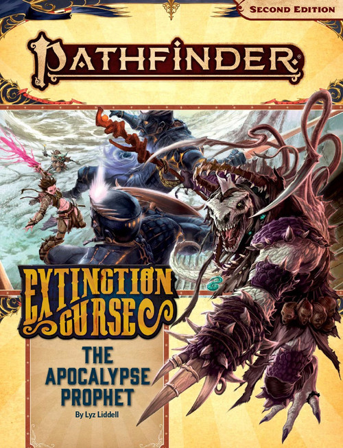 Pathfinder Adventure Path #156: The Apocalypse Prophet (Extinction Curse 6 of 6) by Lyz Liddell. A snarling, armored lizardfolk fills the foreground while iconic characters battle blue giants in the background.