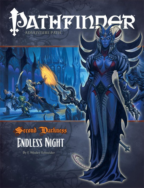 Pathfinder Adventure Path #16: Endless Night (Second Darkness 4 of 6). By F. Wesley Schneider. A blue-skinned woman with horns and a scepter is overlayed on top of a group of adventurers in front of a gothic cathedral style building at night.