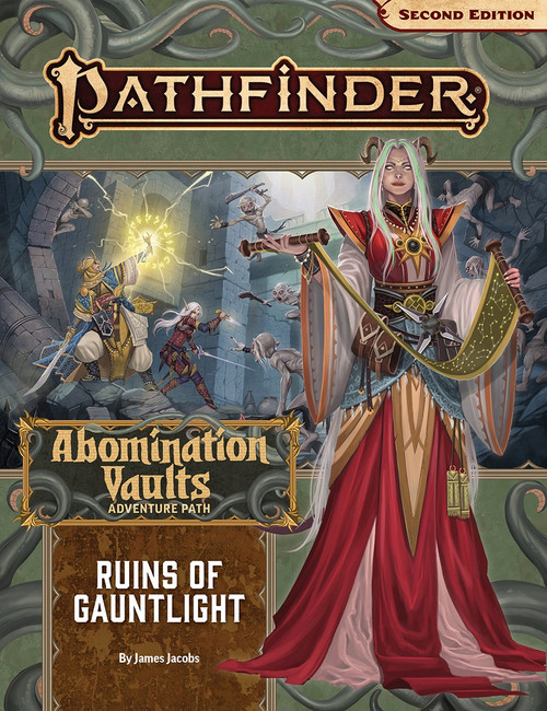 Pathfinder Adventure Path #163: Ruins of Gauntlight (Abomination Vaults 1 of 3) PDF. By James Jacobs. An illustration of a horned woman in a red gown holding a scroll is overlayed on top of a battle scene featuring adventurers facing off against gray-skinned humanoid creatures.